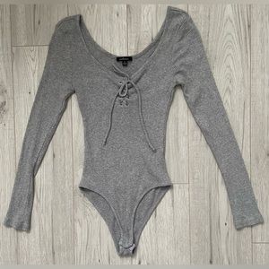 Ambiance Grey Ribbed Lace Up Stretch Cotton Blend Bodysuit Size Small